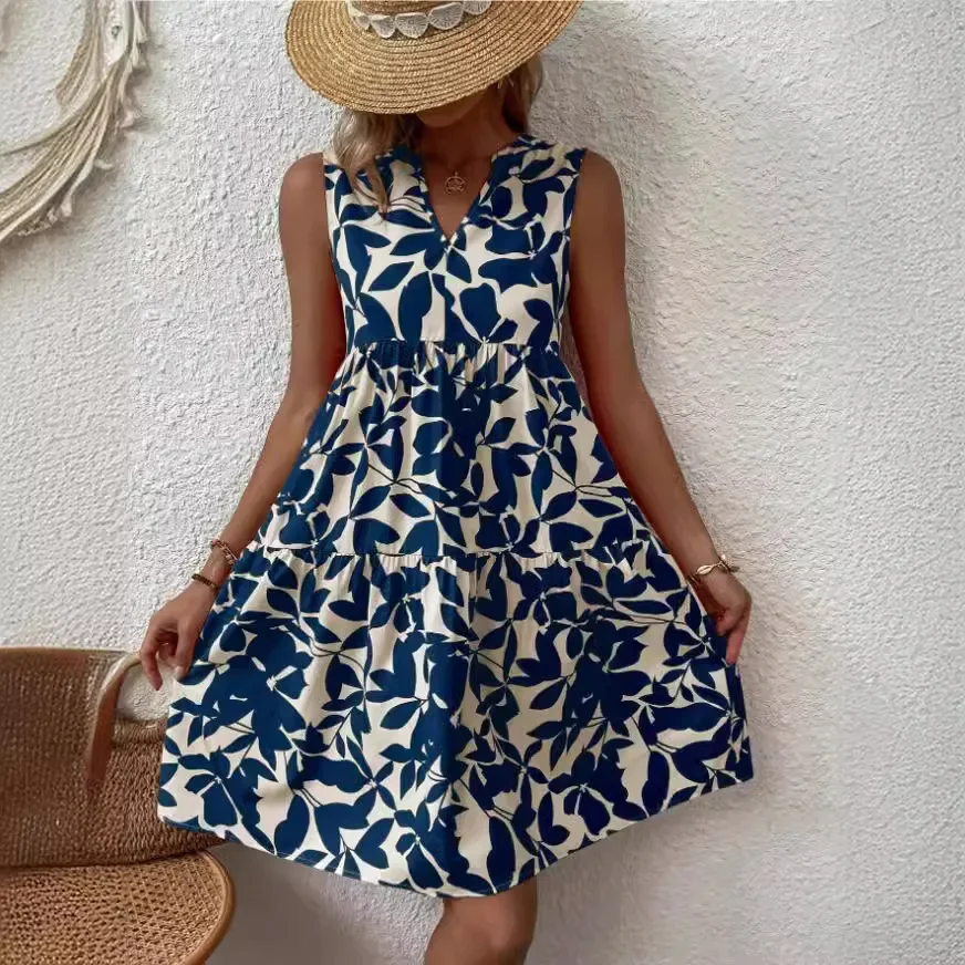 Women Boho Print Mini Dress Summer Elegant Sleeveless V Neck Ruffle A Line Tank Dress Casual Loose Oversize Beach Party Sundress