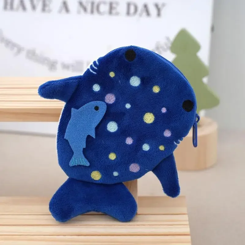 กระเป๋าใส่เหรียญรูปฉลามสีฟ้าและวาฬน้อยน่ารักสำหรับผู้หญิง กระเป๋าใส่เหรียญเล็กๆ ใส่กุญแจ หูฟัง ซิปแบบพลัช แฟชั่น