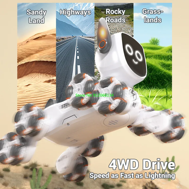 Guarda il rilevamento dei gesti 8 ruote Educazione Telecomando Robot Dog 2.4G Illuminazione a LED Musica 4WD Smart Demo 360 °   Cane RC con rotazione