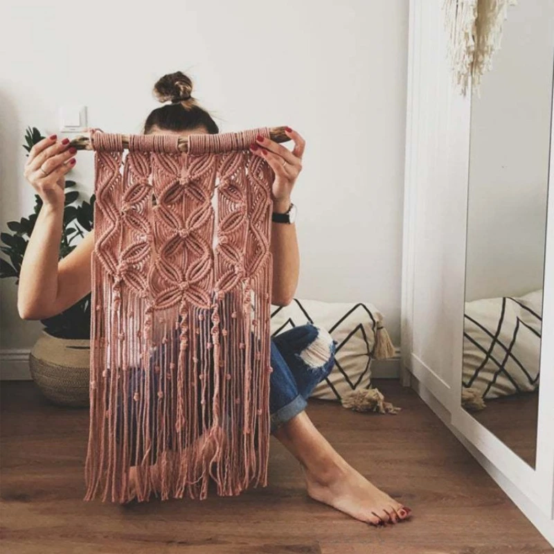 Boho Floral Macrame Wall Hanging Driftwood Top Tassel Tapestry Hand Woven Room Wall Decor