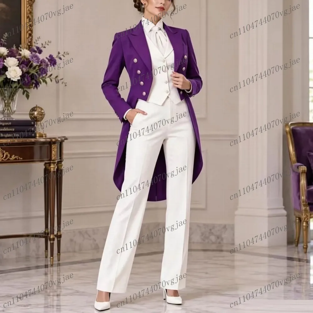 Long Blazer Purple White Formal Business Women Suit Wedding Party Prom Ladies Tuxedos Costume 3 Piece Set Blazer Vest Pants