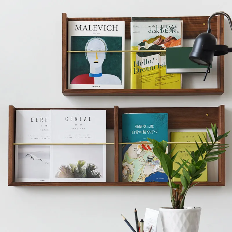 Walnut Brass Wall Magazine Holder Floating Bookshelf for Living Room Minimalist Wood Newspaper Rack Rustic Hanging Storage Rack