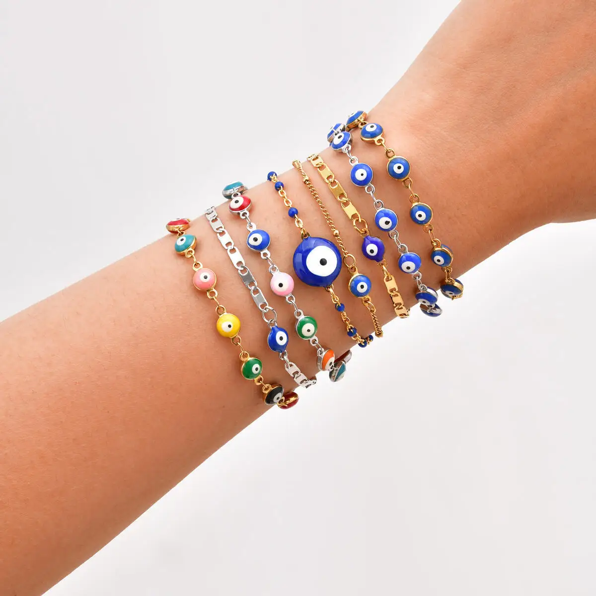 

18K Gold Plated Multicolored Evil Eye Bracelet, Stainless Steel Handmade Adjustable Amulet Protection Jewelry For Women