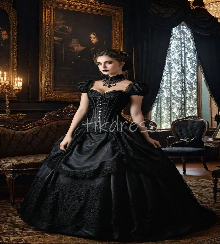 

Vintage Black Gothic Wedding Dress Vampire Steampunk Medieval Lace Bridal Dress 2025 Cap Sleeve Halloween Cosplay GownCustomized