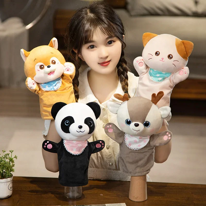 Marioneta de mano de animales del bosque de dibujos animados para niños, juguetes de peluche suaves, Panda, oveja, gatito, ciervo, caballo, accesorios de juego encantadores