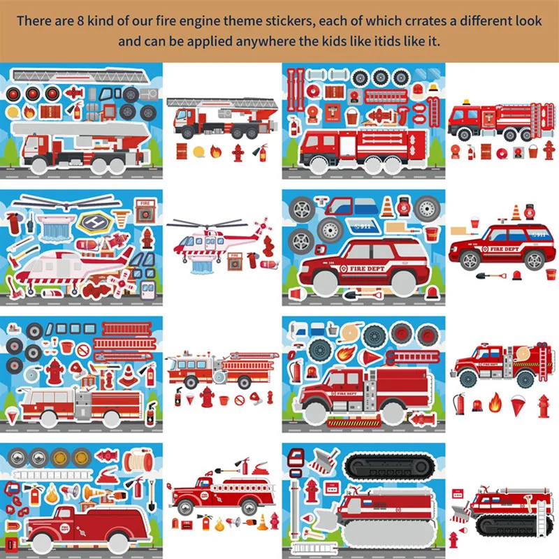 8-24Sheets Kids Stickers Puzzle DIY Fire Fighting Truck Stickers Cartoon Car Helicopter Firefighting Vehicle Decals For Children