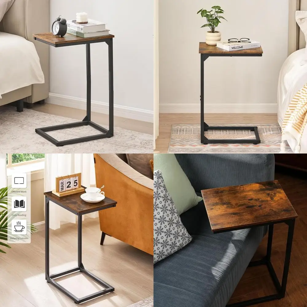 

Compact C-Shaped Sofa Side Table, Under-Couch Slide Storage, Space-Saving TV Trays for Living & Bedroom, Rustic Brown HKET1005-2