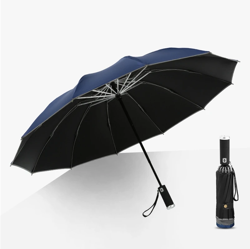 Volledig automatische waterdichte paraplu met LED-zaklamp, UV-zonwering, regenbestendig, windbestendig en opvouwbaar ontwerp