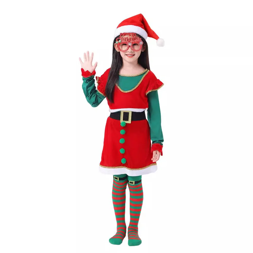

Girl Christmas Costume Outfits Children Santa Elf Uniform Set Kids Role-playing Clothes Stage Performance Fancy Cosplay Clothing