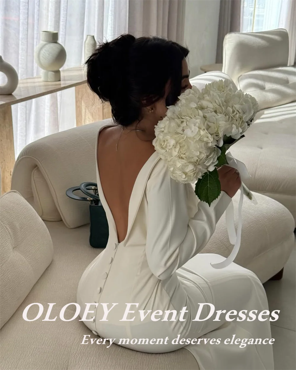 OLOEY 控えめなマーメイドのウェディングドレス長袖ストレッチブライダルドレスフロアレングスボートネックカスタマイズ فساتين زفاف