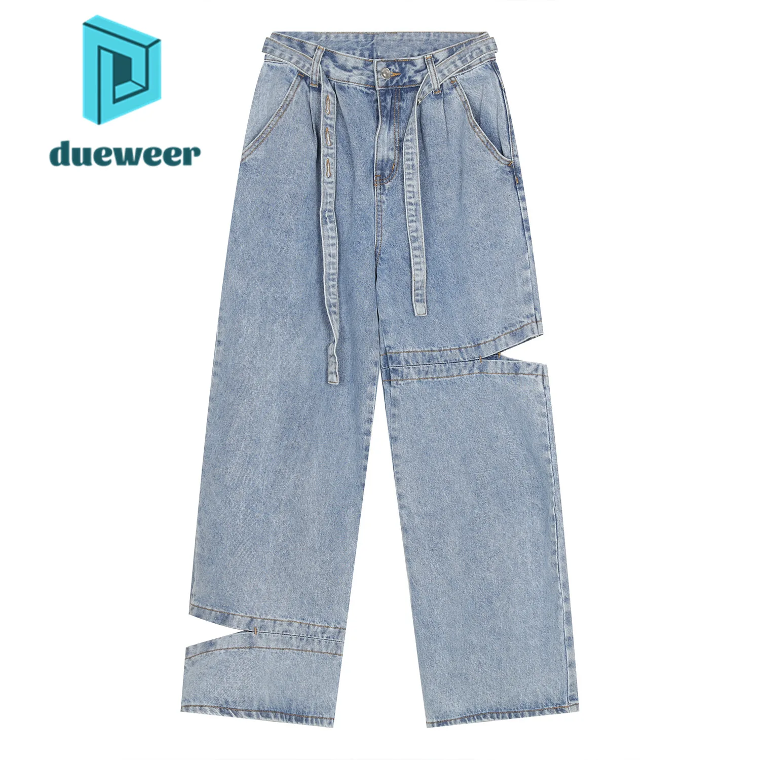 DUEWEER Autumn Korean Fashion Baggy Ripped Wide Leg Belt Jeans Mens Slim Waistband Straight Hole Denim Pants Trousers Streetwear