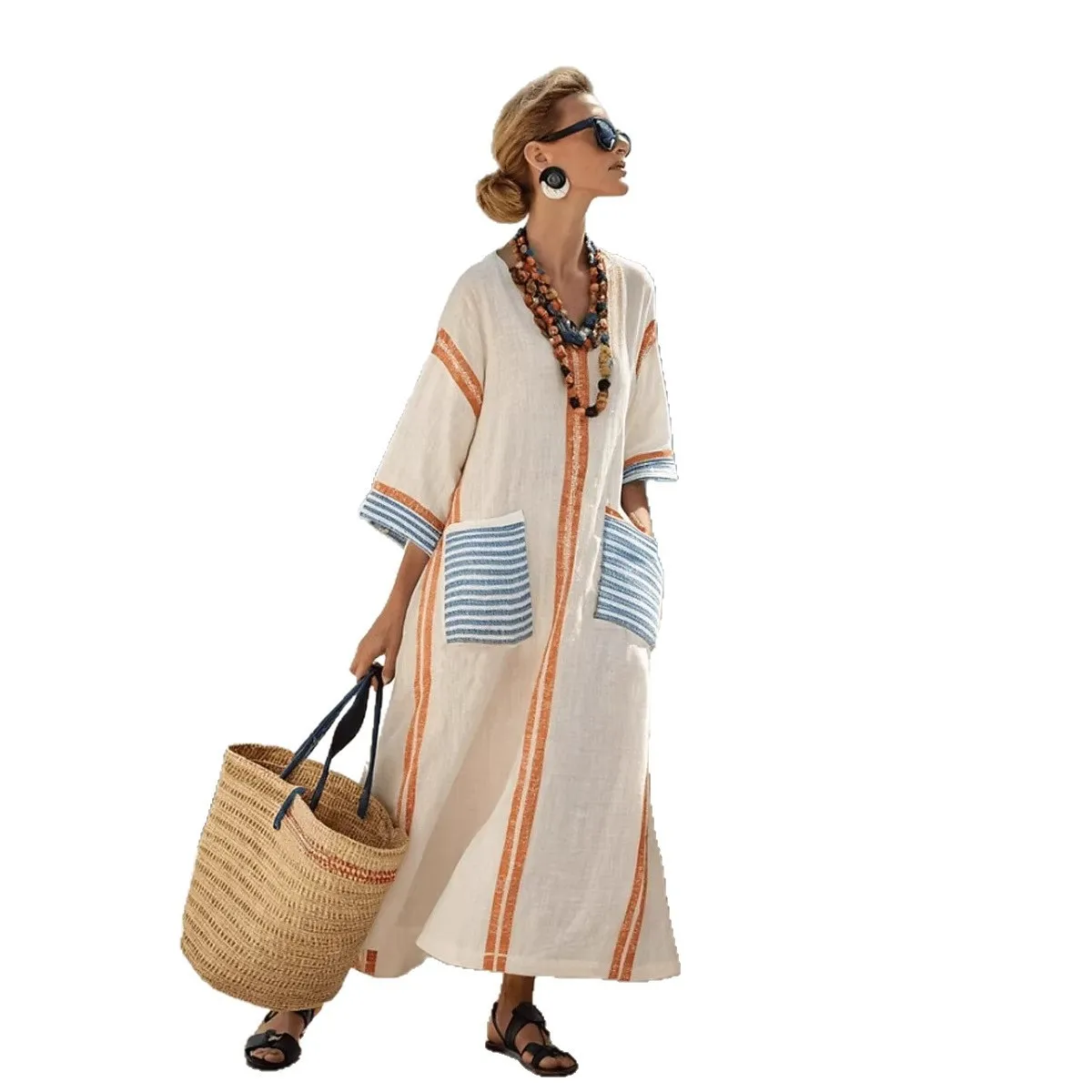 

Women's Dress V Neck 3/4 Sleeve Printed Loose Fit Maxi Dress Striped Print Oversized Beach Boho Style Kaftan Dress Blue Striped