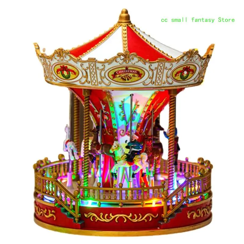 

R3MA Enchanting Christmas Whirligig Horses Ornament with Music Box and Colorful LED Light for Home Festival Decoration