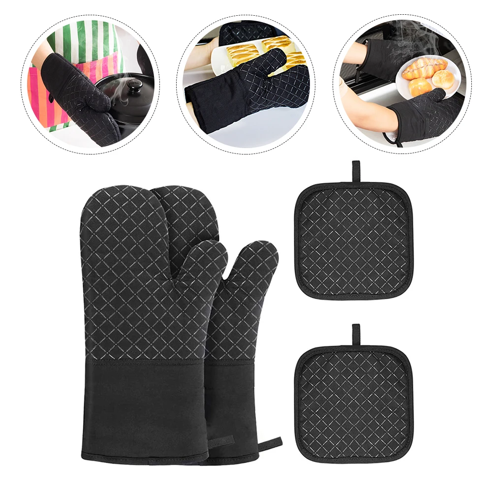

1 set Heat Resistant Gloves Non-Slip Oven Mittens Anti-Scald Thickened Silicone Bbq Grill Microwave Cooking Tools Mat Set