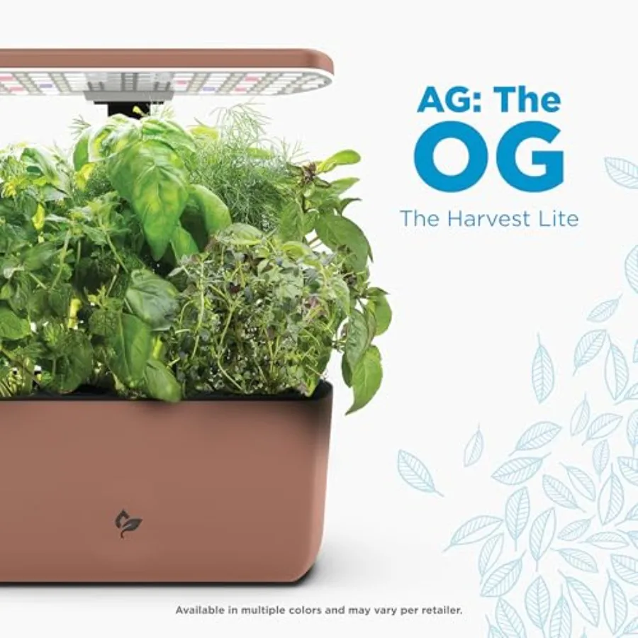 Indoor hydroponic garden for year-round herb and vegetable growing; Mocha-colored AeroGarden Harvest Lite with soil-free system view 2