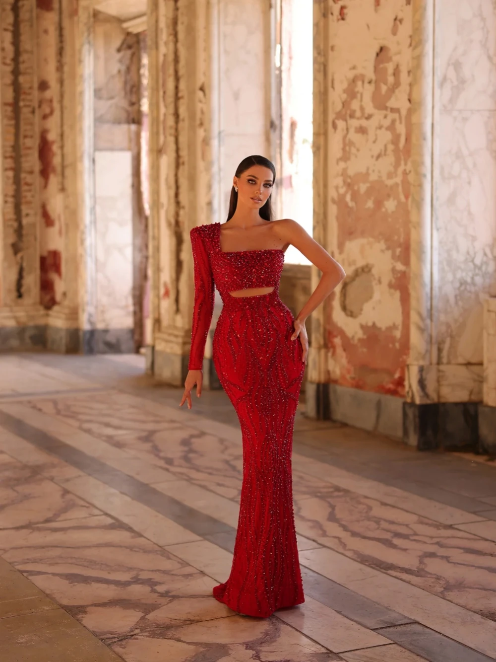 Exquisito vestido de noche largo con perlas y cuentas rojas, elegante vestido de fiesta de boda con un hombro, vestidos de graduación con vaina brillante personalizados