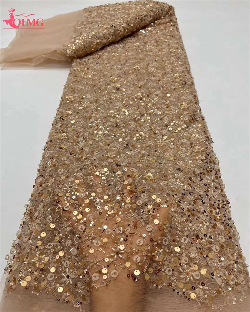 OIMG 2024 High Quality French Net Beaded Nigerian Tulle Sequence Sequins Fabric Glitter Crystal Beads Wedding Party Dress