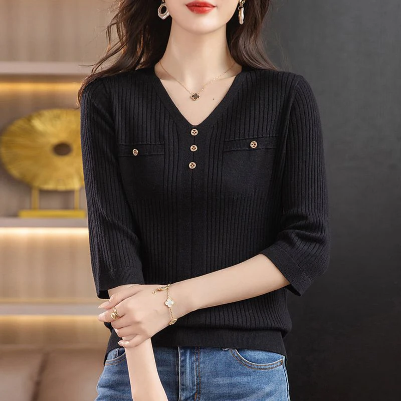 Summer Loose Casual V-neck Buttons Knitted T-shirt Ladies 3/4 Sleeve Simple Fashion All-match Top Women Solid Color Pullover Tee