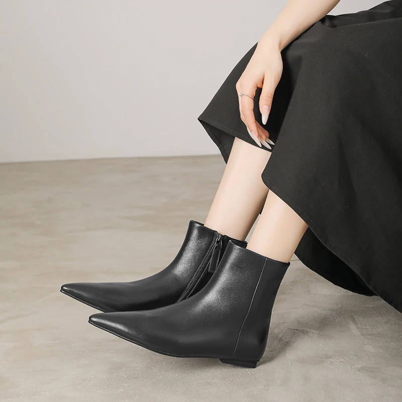 Nouvelles Bottes Courtes Plates en Cuir pour Femme, Modèle Automne 2026, à Bout Pointu, Fermeture Éclair Latérale, Design Élégant, Bottes Sexy