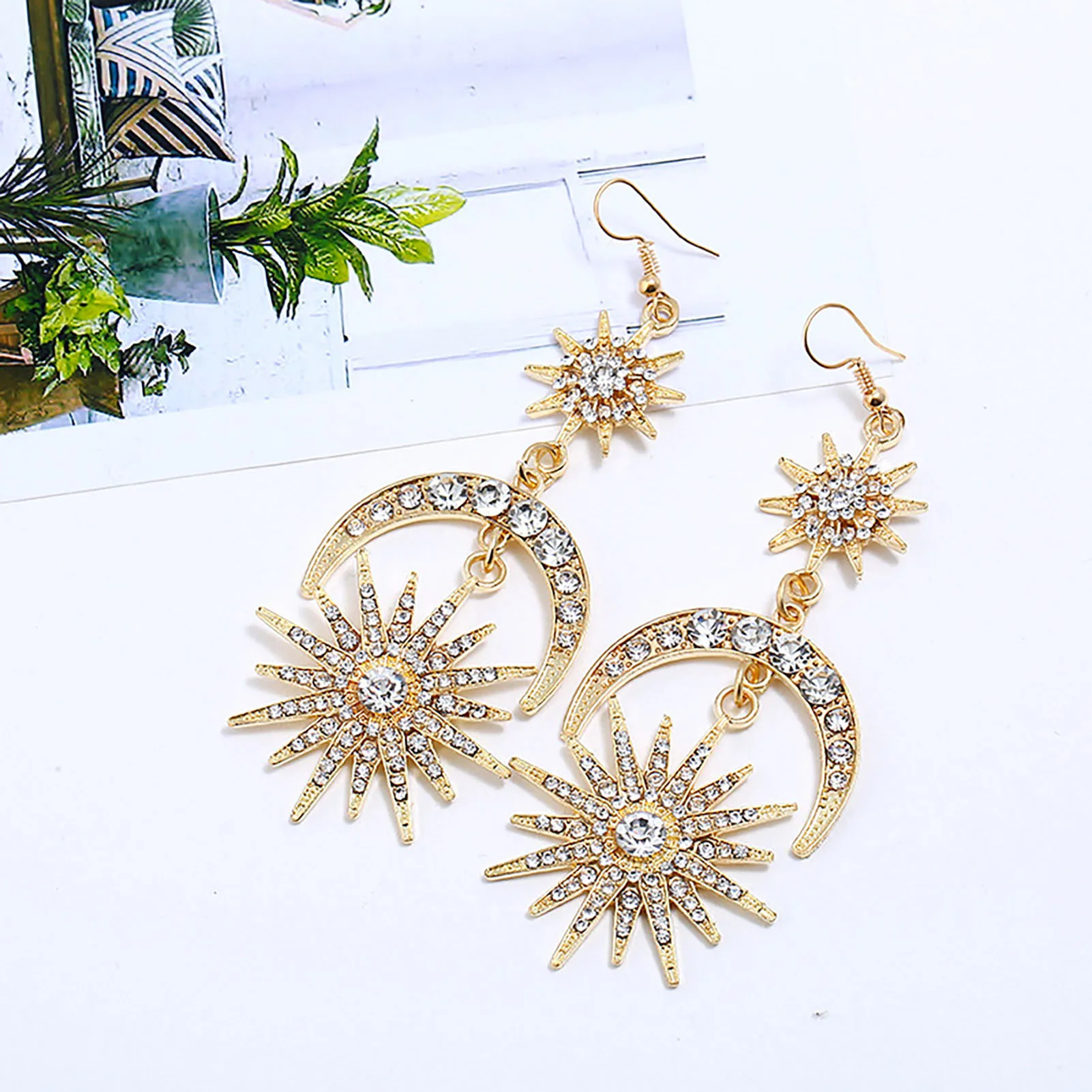 Star Hair Crown Headband Earrings Set Baroque Style Sun Moon and Shiny Drop Earrings for Birthday Party Adult Ceremony