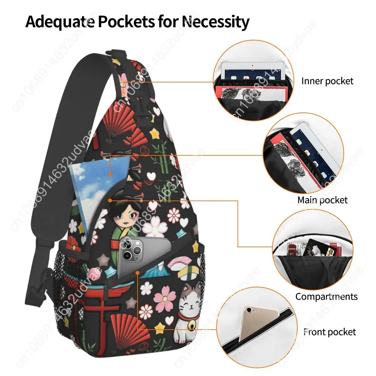 Maneki Neko Lucky Cat Crossbody Chest Bag Shoulder Backpack Hiking Travel Backpacks Kokeshi Kawaii Casual Bag