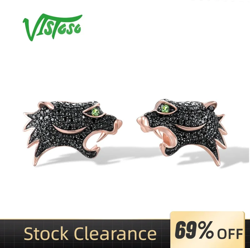 

VISTOSO Gold Earrings For Women 14K 585 Rose Gold Green Garnet Black Diamond Leopard Stud Earrings Animal Trendy Fine Jewelry