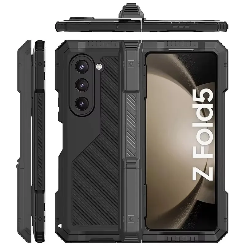 Image of Metallgehäuse, 3-lagig, robust, für Samsung Z Fold 7, 6, 5, 4, stoßfeste Aluminium-Silikon-Abdeckung mit Ständer, weiche PET-Bildschirmfolie
