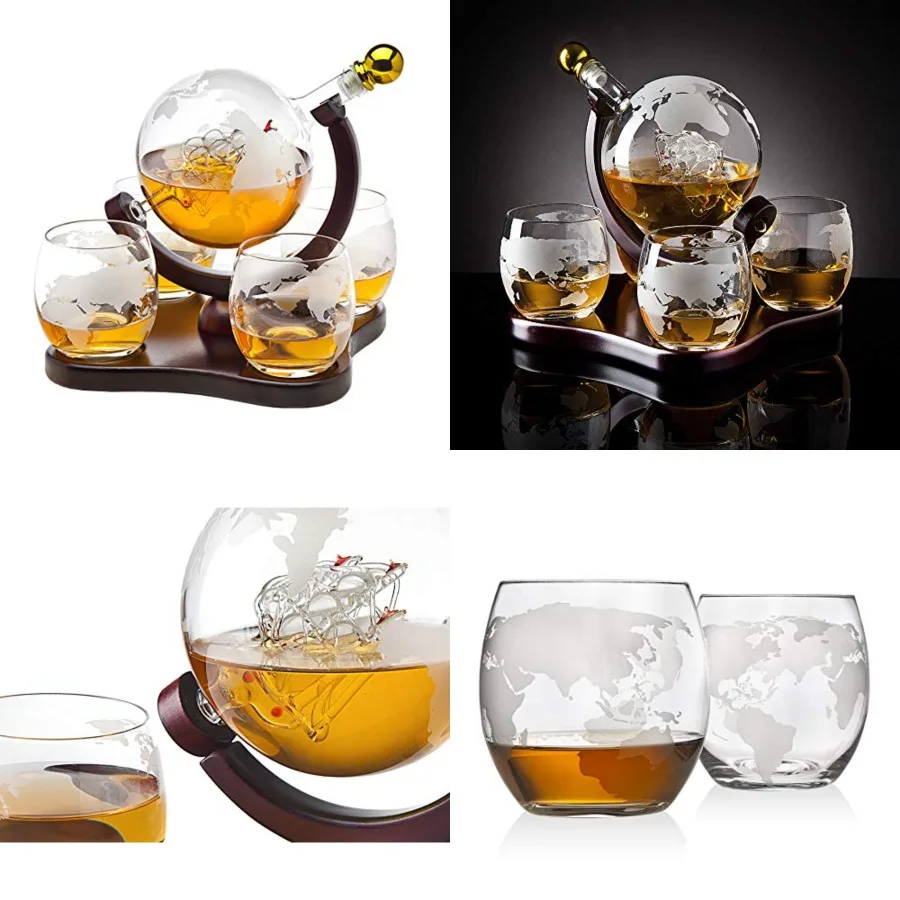 

Whiskey Decanter Globe Set with 4 Etched Glasses for Liquor, Scotch, Bourbon, Vodka, Gifts for Men - 850ml Clear