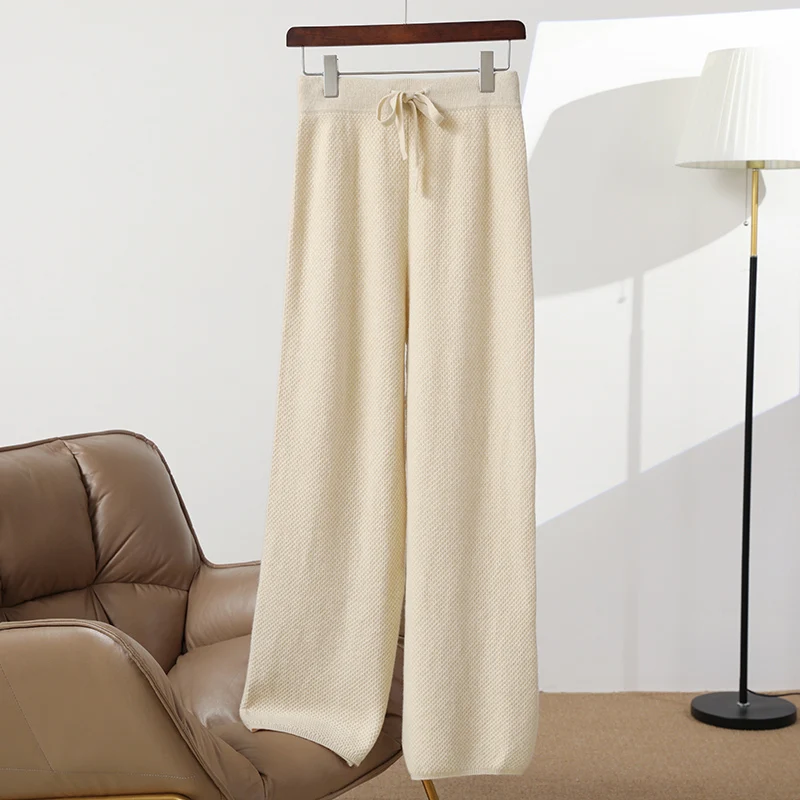 100% merino wool women's knitted trousers, fashionable, warm, honeycomb stitching, wide-leg pants, new autumn and winter 2024