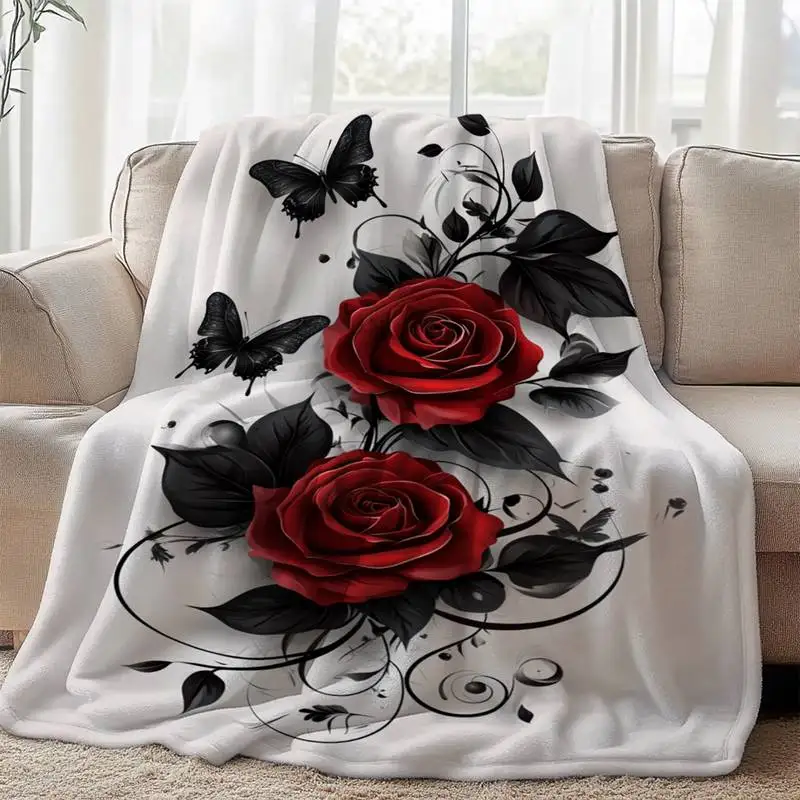 

Gothic Red Rose & Butterfly Throw Blanket, Soft Cozy Flannel Blanket for Couch Sofa Bed, Romantic & Dark Academia Gift