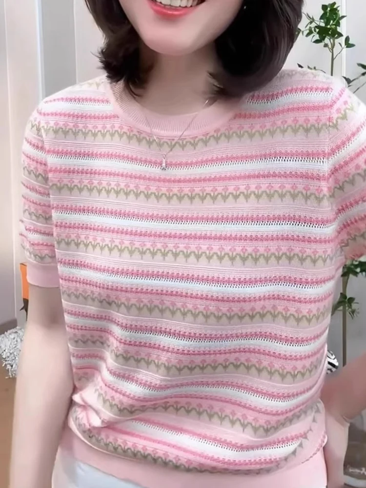 

Sweet Anti-Aging Retro Floral Pink Ice Silk Knitted Top Summer Shoulder-Length Short Sleeve Inner Wear Popular T-Shirt