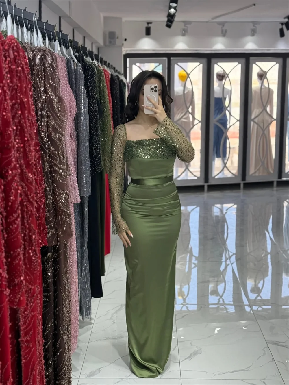 Cathy Customized Green Square Neck Sequin Prom Dress Long Sleeves Detachable Train vestidos de noiva Zip Back Evening Dresses