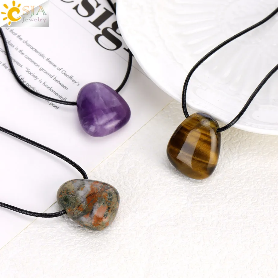 CSJA Natural Stone Nugget Pendant Necklace for Man Healing Crystal Amethysts Tiger eye Rhodonite Rose Quartz Charms Jewelry H551