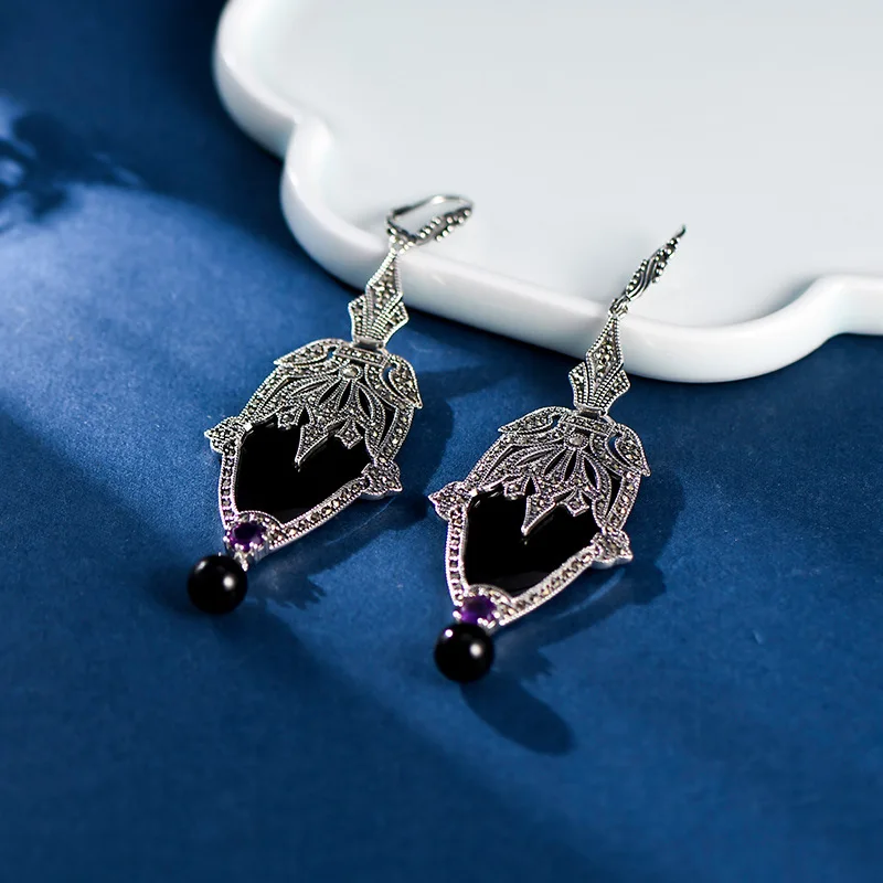 S925 Sterling Silver Charms Drops Earrings for Women Geometric Pattern Inlaid Agate Micro Marcasite Ear Drops Jewelry Wholesale