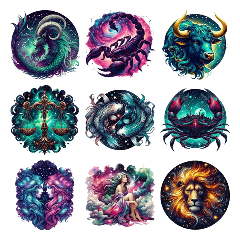 Iron on Transfers Zodiac Signs Patches for Clothing Thermo Stickers Animals Washable Patch Heat Transfers Man T-shirt Appliques