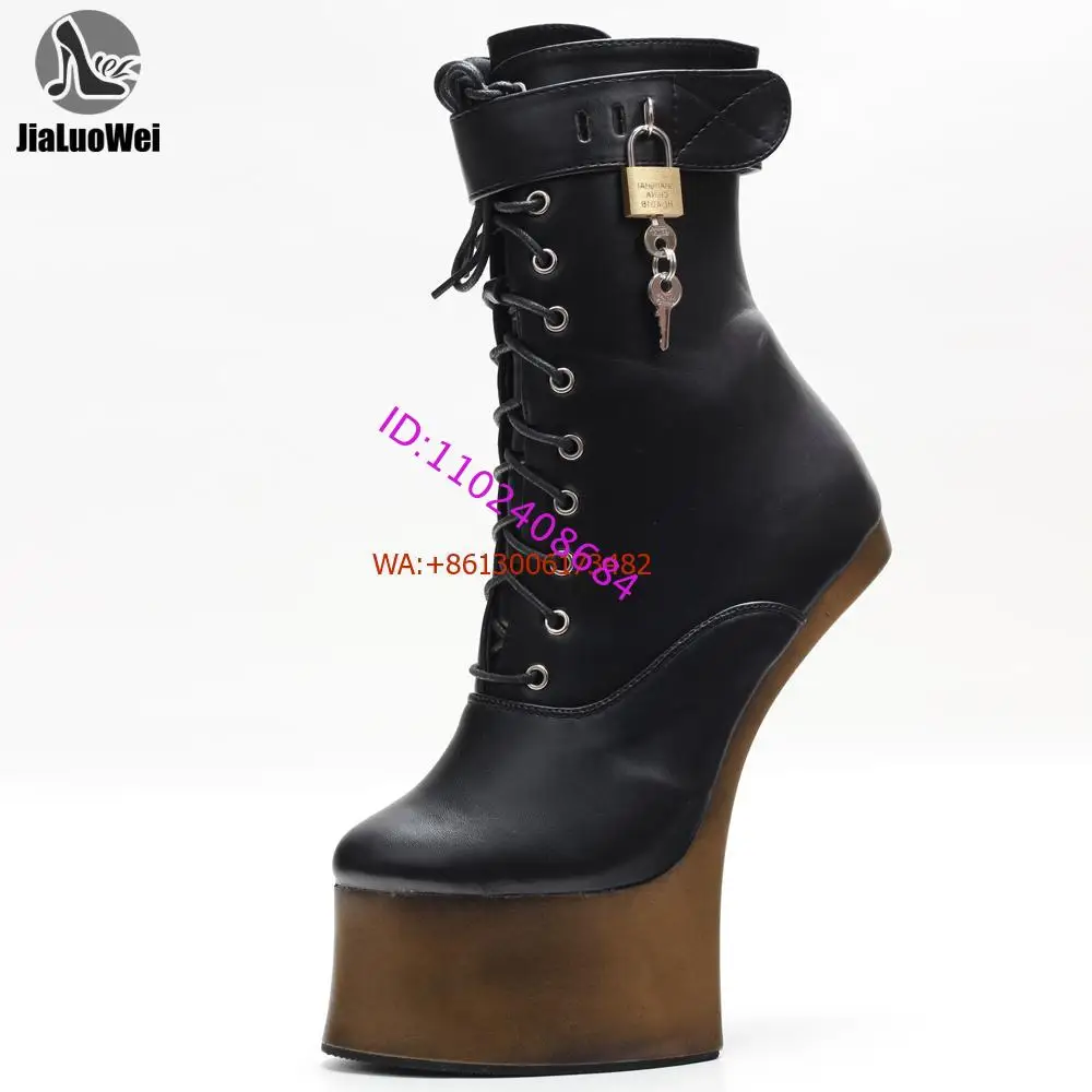 Design Women 18Cm Super High Heelless Platform Ankle Boots Punk Style Lady Lace Up Padlock Belt Buckle Platform Heelless Boots