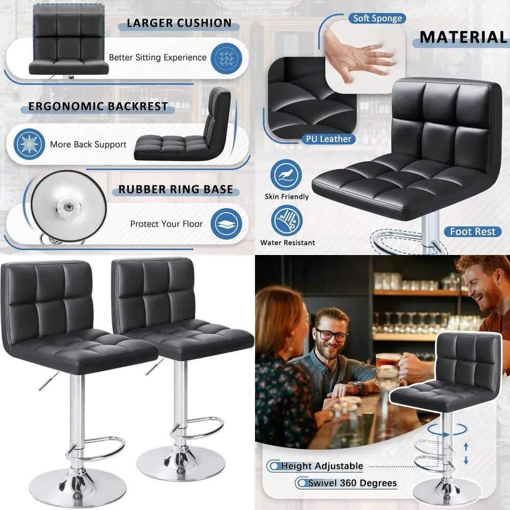 

Adjustable Swivel Bar Stools with PU Leather, Black High Back Square Counter Height Set of 2