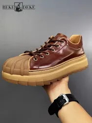 Men Vintage Handmade Horsehide Genuine Leather Shoes Spring Autumn British Style Lace Up Designer Thick Platform Casual Sneakers