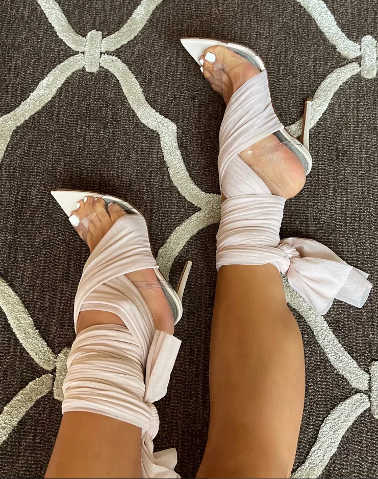 Tulle Lace Up Sandals Pvc Straps Pointed Toe Hollow Stiletto Heels Mesh Summer Women Sexy Casual Party Dress Clear Shoes