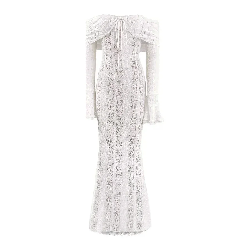 Mingmingxi Autumn Long Sleeve Maxi Dresses for Women 2024 New in Elegant Flare Sleeve Lace Dress Long Birthday Party Dresses