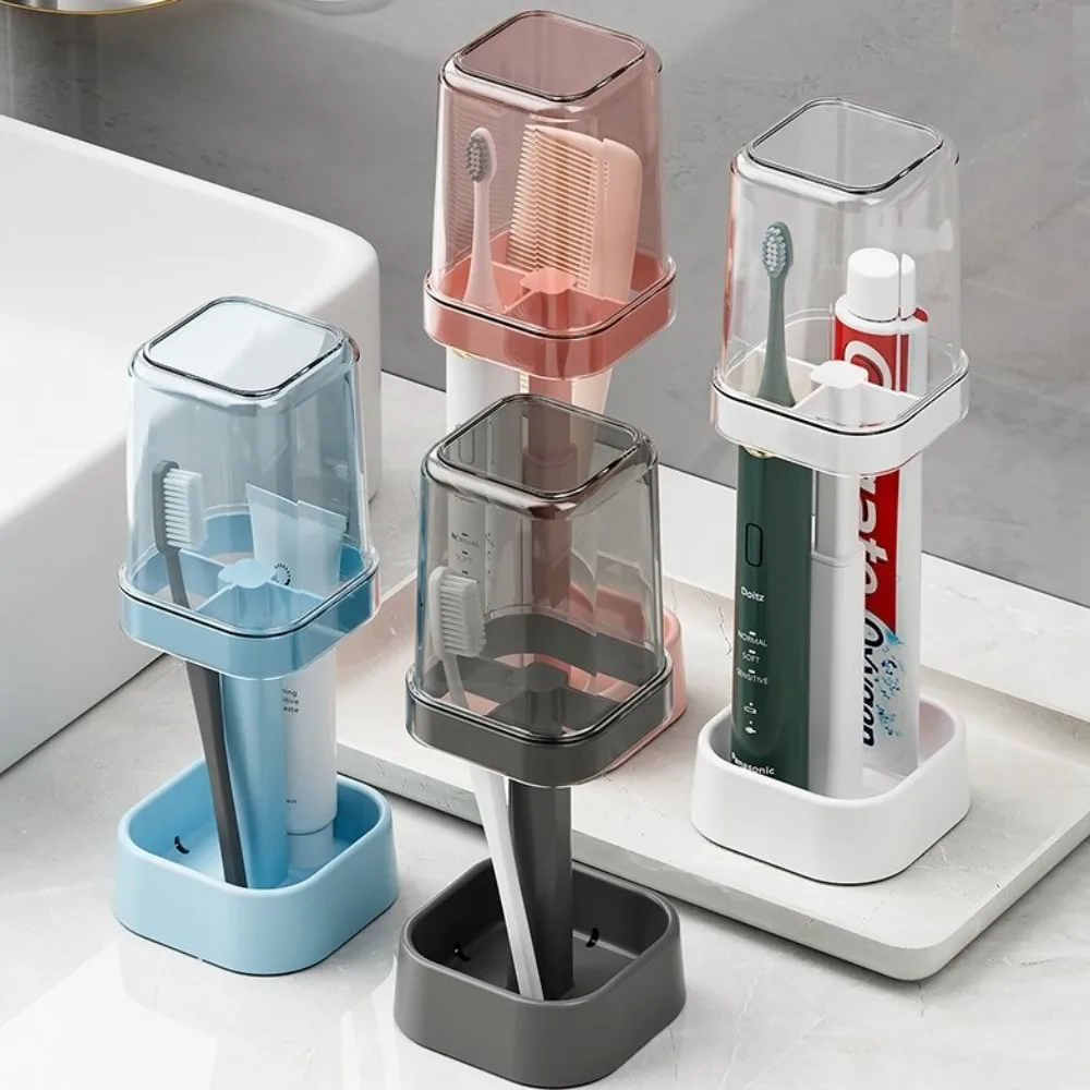 Fashion Adjustable Height Toothbrush Holder with Lid Dustproof Mouthwash Cup Dust Drainage Toothbrush Organizer Bathroom