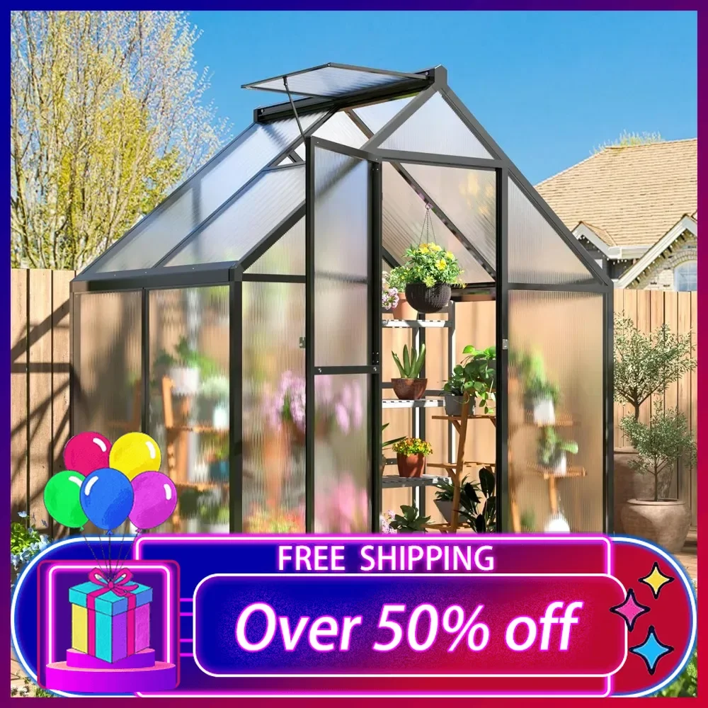 

4x6 FT Greenhouse, Quick Aluminum Assembly Structure Polycarbonate Greenhouse, Walk-in Greenhouses for Outdoors with Windows