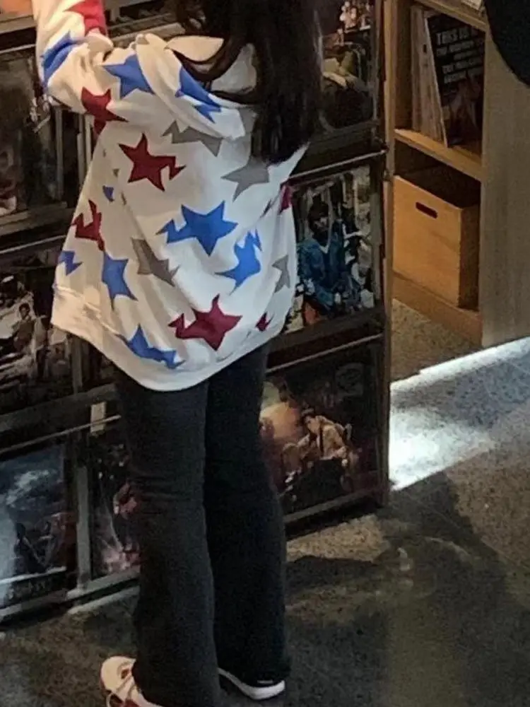 เสื้อคลุมมีฮู้ดแบบซิป สไตล์อเมริกันเรโทร ลายดาว แขนยาว ผ้าโพลีเอสเตอร์