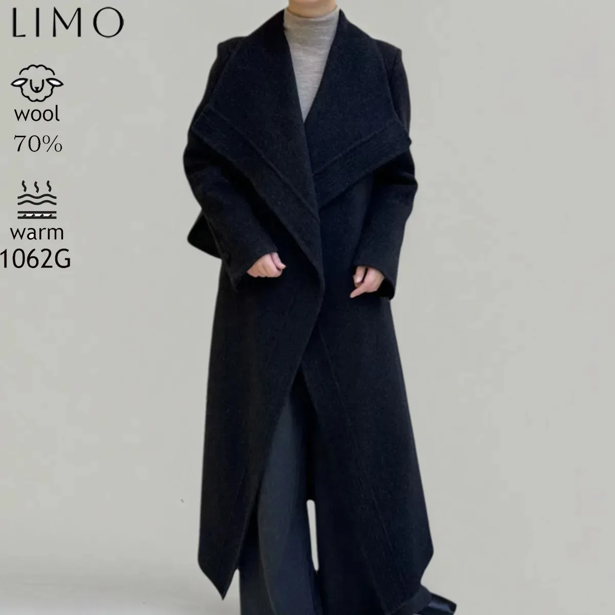 

LIMO, двустороннее шерстяное кашемировое длинное толстое пальто с большими лацканами, свободный галстук, корейский стиль, элитное модное новое женское пальто