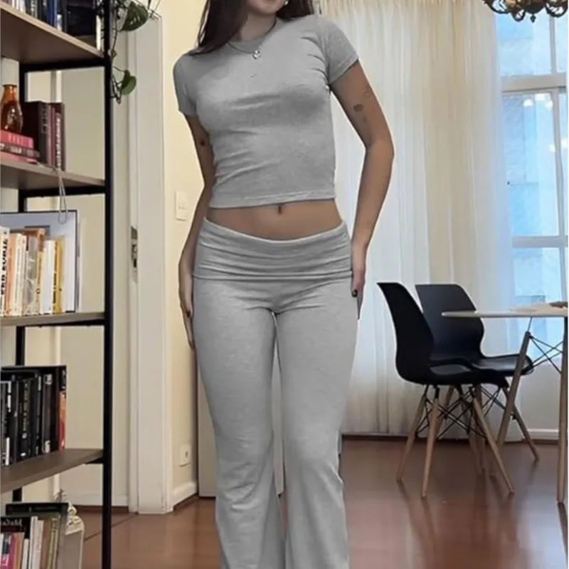 

Casual Slim Fit Sports Short Sleeved Long Pants Two Piece Set Yoga Suit O-neck Short Sleeve T-shirt Elastic Waist Trousers Set