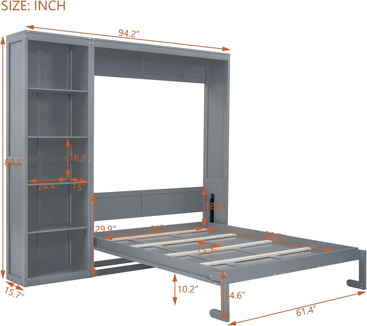 Queen Size Murphy Bed Wooden Wall Bed with Shelves Gray Crafted From Durable Industrial-grade Laminated MDF and Plywood