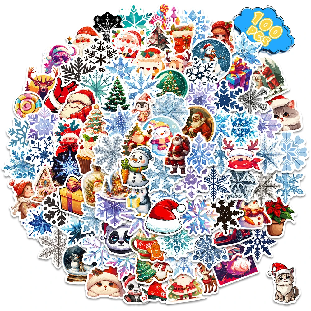 

10/30/50/100pcs Cute Christmas Santa Claus Cartoon Stickers Snowflake Snowman Sticker Scrapbook Notebook Phone Decals Kids Toy