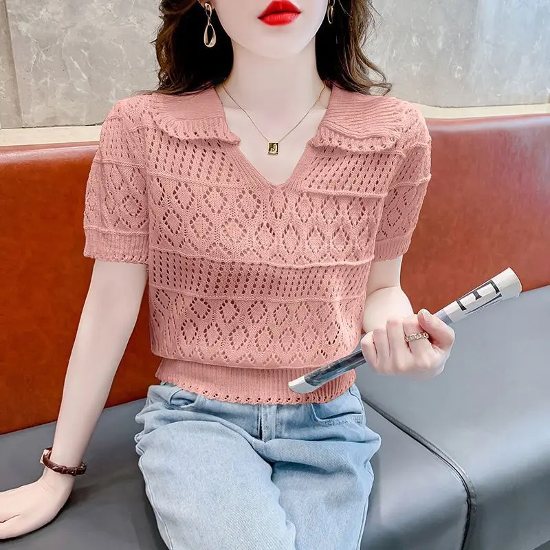 Ice Silk Short Sleeve Knitted Top Women's T-Shirt 2024 New Summer Crochet Cutout Thin Knit Polo Neck Cropped Top