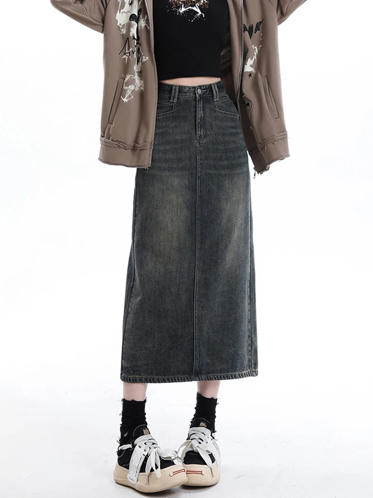 

Gray Denim Skirts Spring Autumn New American High Street Slim Vent A-line Sheath Dress Fashion Versatile Ankle-Length Skirt