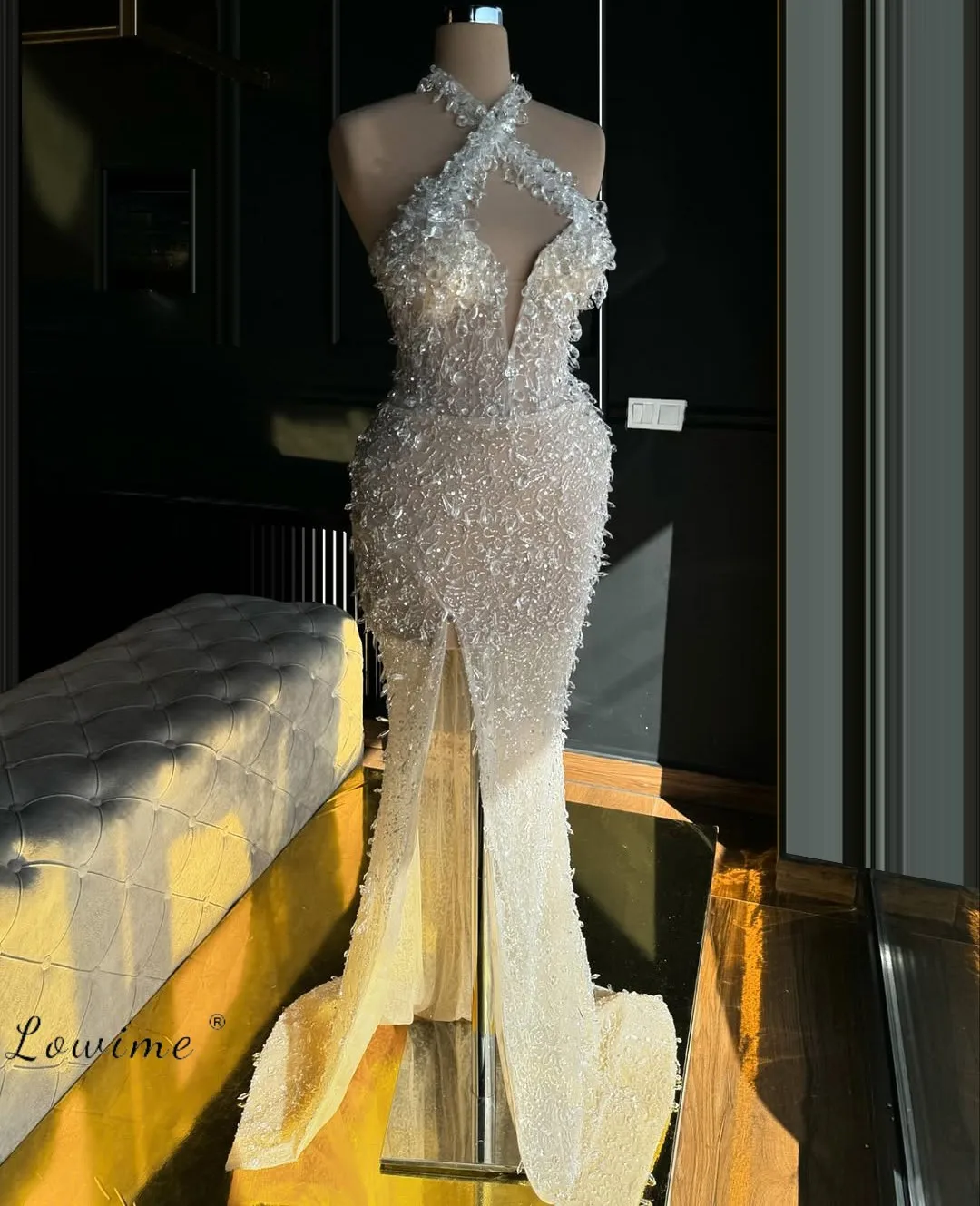 

Stylish Crystal Prom Dresses For Women Sequin Halter Crystals Pearls Vestidos De Graduacion